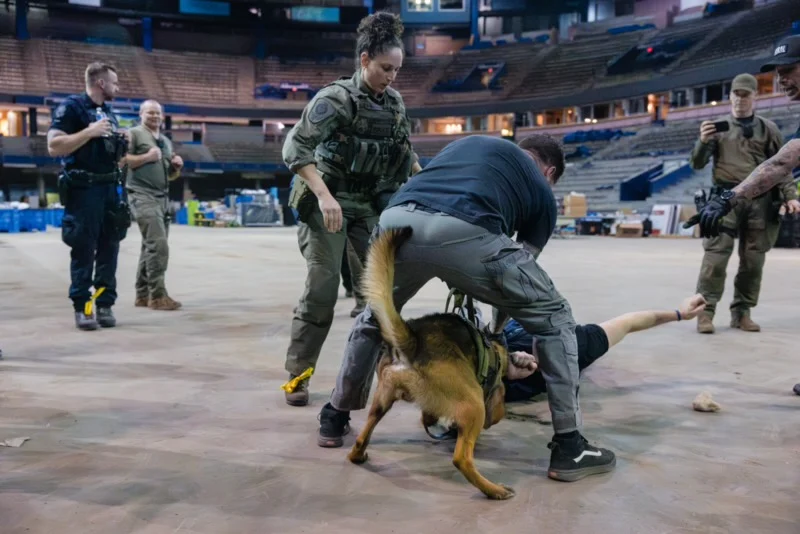 Police K9 team and instructors working a training scenario.